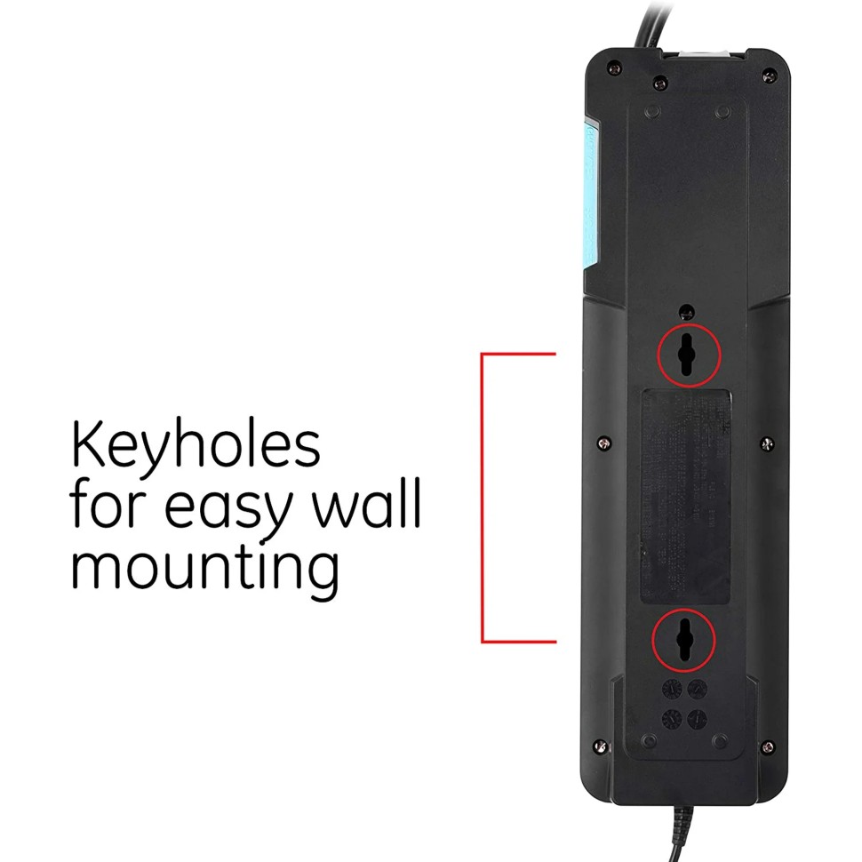 GE UltraPro Surge Protector with USB Dock, 8-outlet, 2-USB, Black, 4 ft 34117