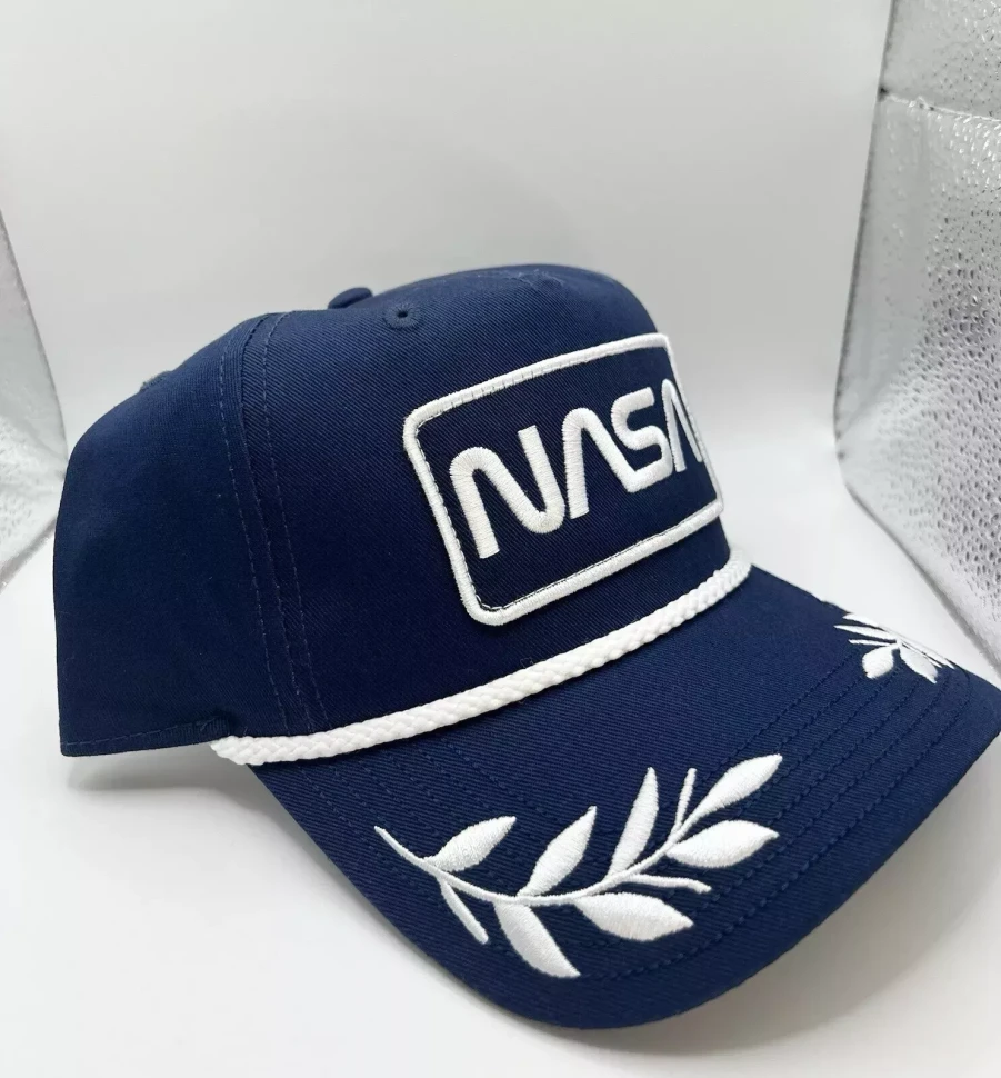 MAD ENGINE NASA Hat Cap Adjustable Navy Blue Embroidered Leaves Greek Cotton