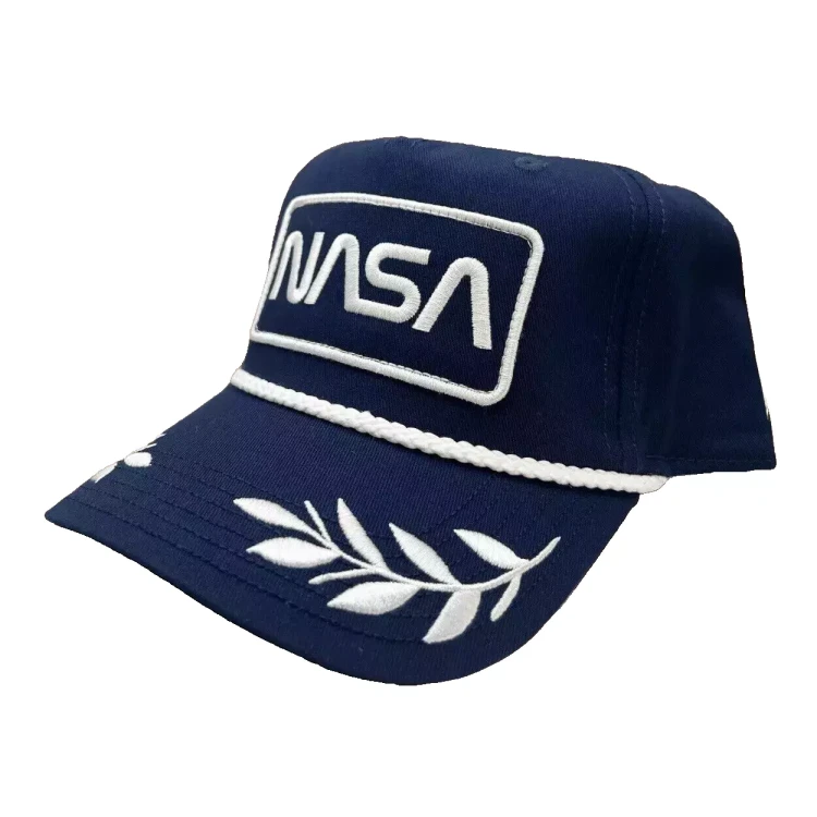 MAD ENGINE NASA Hat Cap Adjustable Navy Blue Embroidered Leaves Greek Cotton