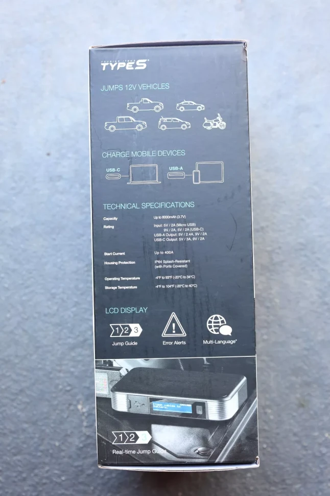 Jump Starter Truck Car with Power Bank Portable Type S, 12V W/LED Light, Display