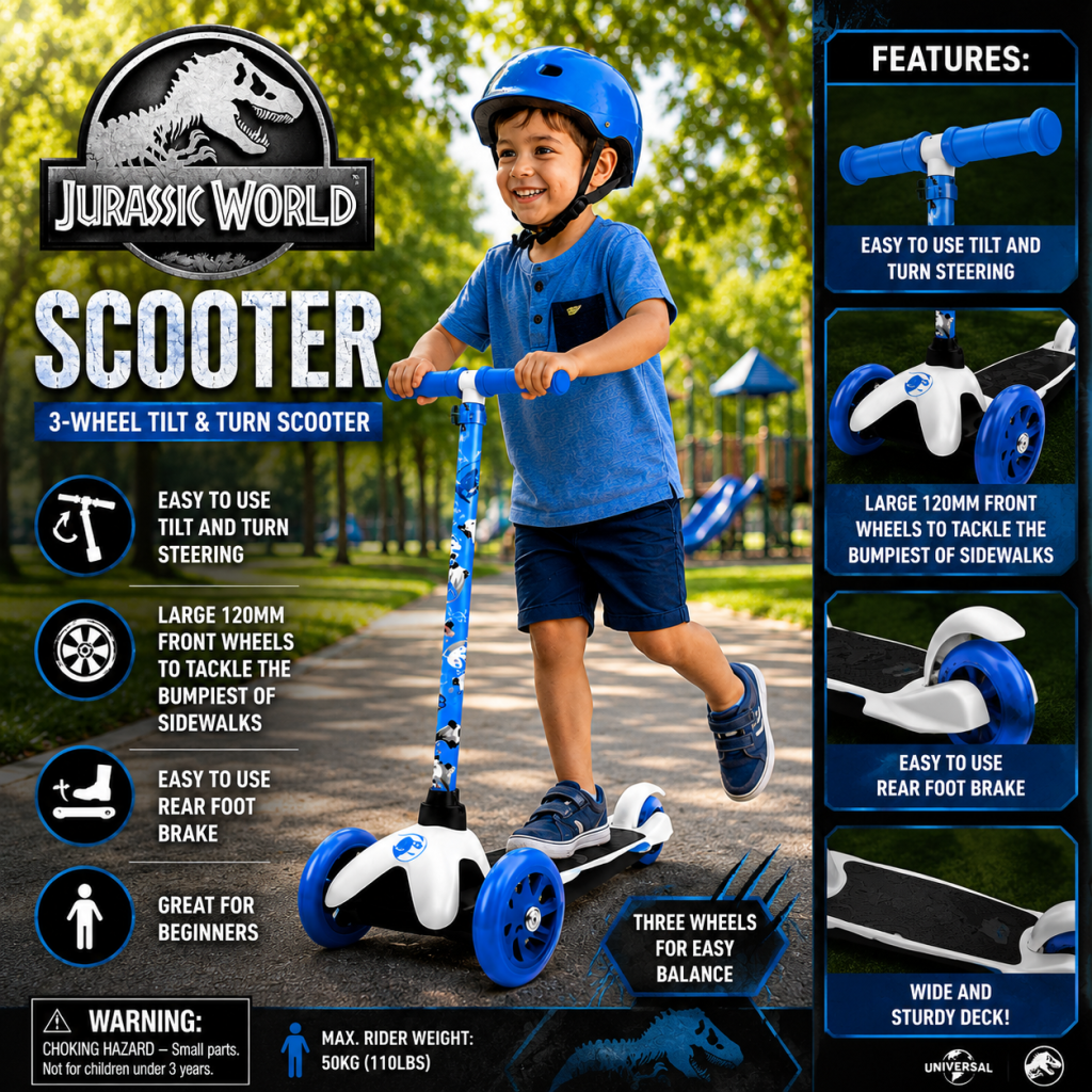 Jurassic 3 Wheel Kids Scooter Tilt to Turn Kick Scooter Wheels Boys Girls Dino