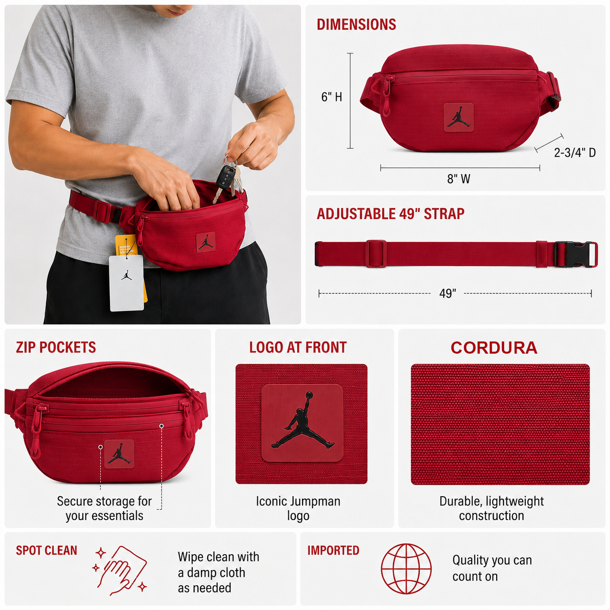 Jordan Jumpman Crossbody Bag Waist RED Cordura Fabric MA0901 B5P Fanny Pack - Image 2